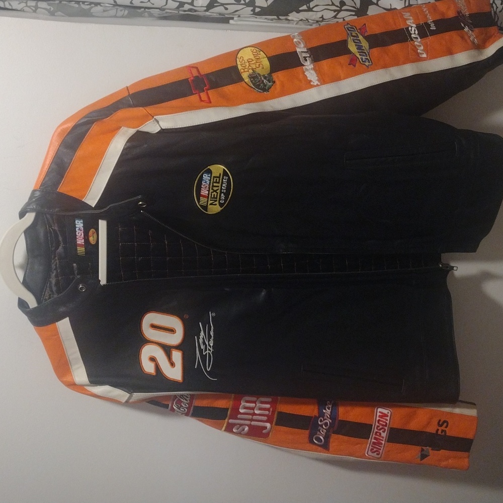 Men's black+orange leather jacket  L